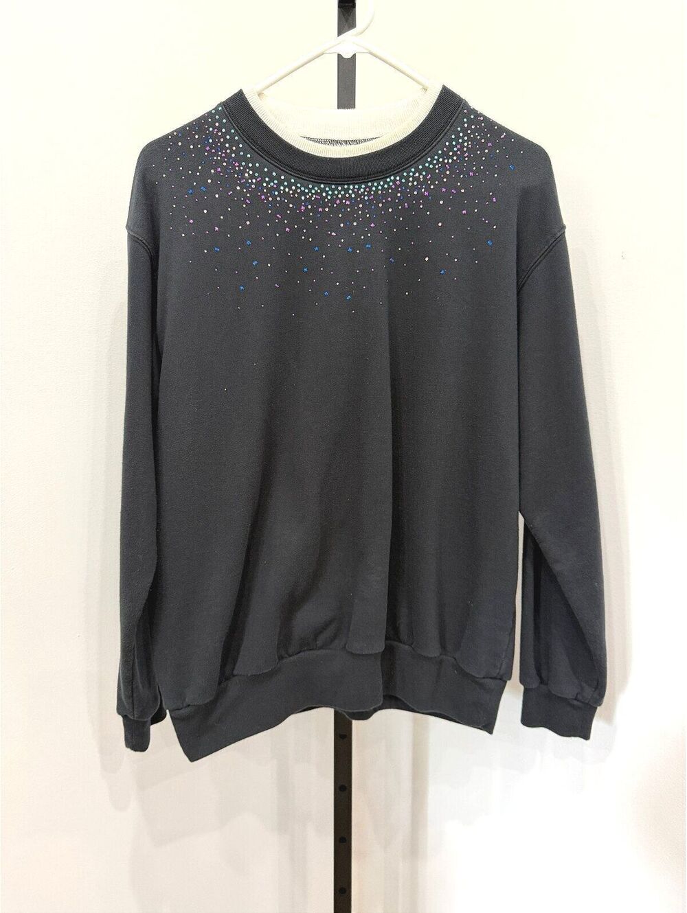 Top Stitch Granny Black Crewneck Sweatshirt Colorful Rhinestone Size L